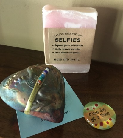 Selfie soap, frog spirit rattle, pocket reminder rock